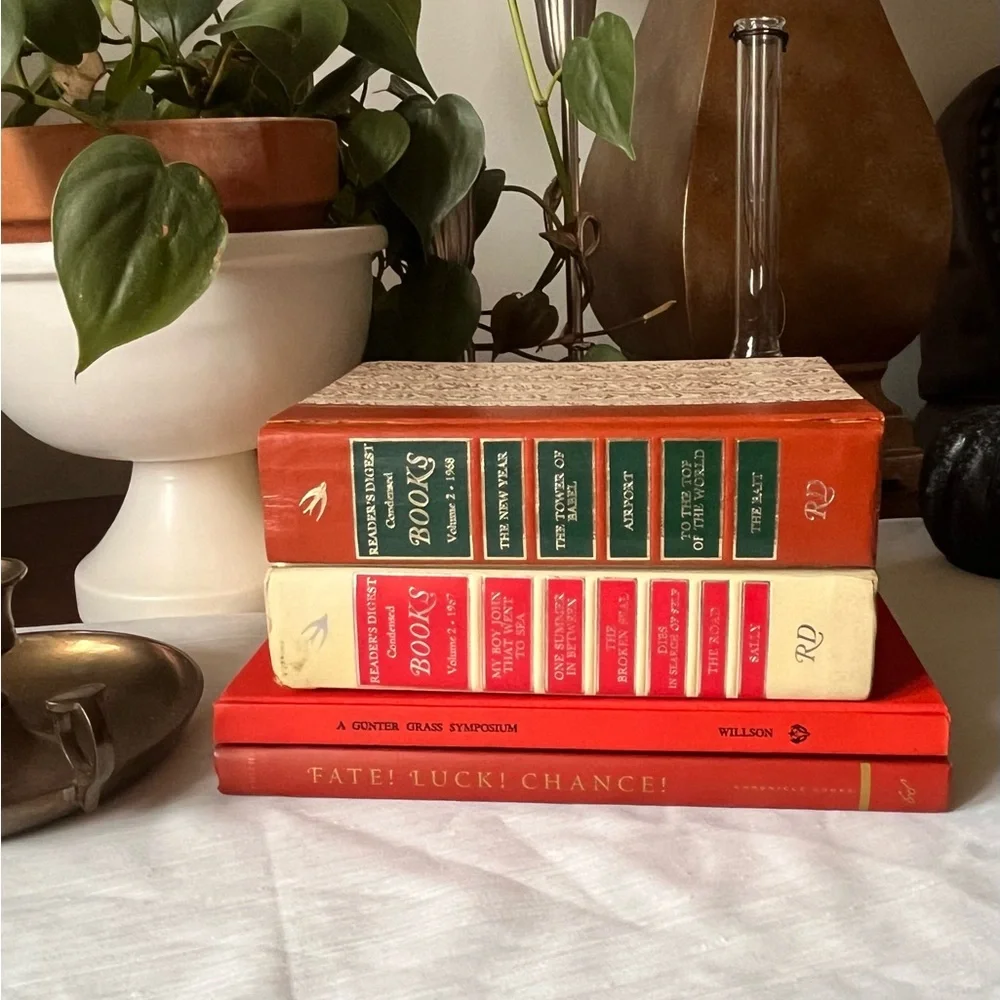 Curated Book Stack Set Decorative Vintage Hardcover Shelf Filler Red Tones